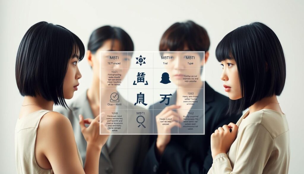 A visually striking comparison of the MBTI personality types, showcasing the distinctive characteristics and dynamics between them. The foreground features a group of young, Japanese-looking models with sleek, black hair, posed in a thoughtful, pensive manner. The middle ground offers a subtlely layered grid-like arrangement, highlighting the key differences and relationships between the various MBTI types. The background evokes a serene, minimalist aesthetic, with a soft, neutral color palette and a sense of balance and harmony. The overall composition conveys a sense of introspection, analysis, and the nuanced interplay between the diverse personality archetypes. Lighting is natural and diffused, creating a sense of depth and dimensionality. A visually striking comparison of the MBTI personality types, showcasing the distinctive characteristics and dynamics between them. The foreground features a group of young, Japanese-looking models with sleek, black hair, posed in a thoughtful, pensive manner. The middle ground offers a subtlely layered grid-like arrangement, highlighting the key differences and relationships between the various MBTI types. The background evokes a serene, minimalist aesthetic, with a soft, neutral color palette and a sense of balance and harmony. The overall composition conveys a sense of introspection, analysis, and the nuanced interplay between the diverse personality archetypes. Lighting is natural and diffused, creating a sense of depth and dimensionality.