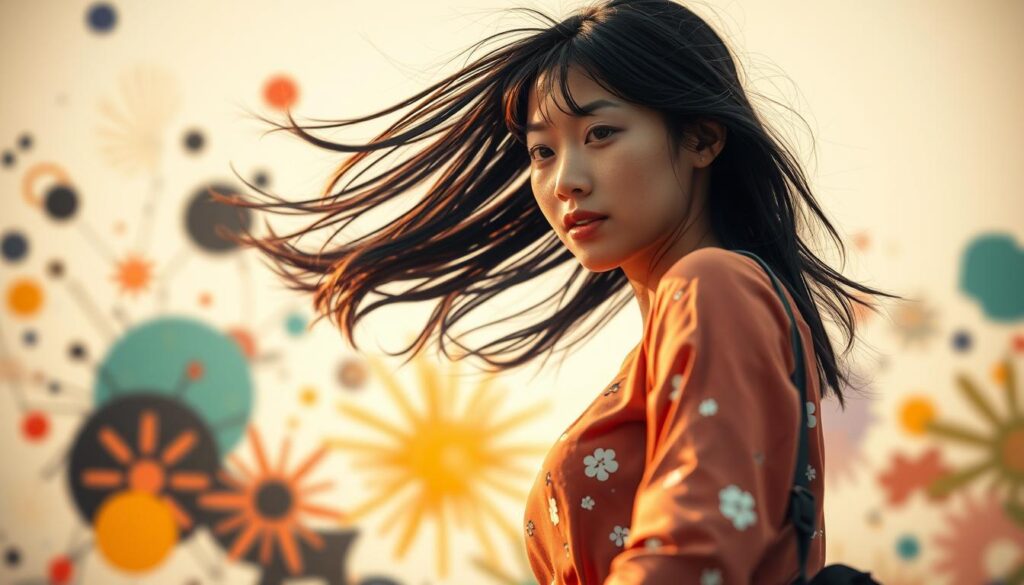A vivid and dynamic scene of a young Japanese woman breaking free from her routine, embracing her adventurous spirit. In the foreground, she stands with a determined expression, her long black hair flowing behind her as she leaps into the unknown. The middle ground is filled with abstract shapes and bursts of color, representing the search for change and the embrace of the unconventional. The background is softly blurred, hinting at a world of possibilities awaiting her. The lighting is warm and natural, casting a golden glow that imbues the scene with a sense of hope and possibility. Captured with a wide-angle lens to convey a sense of openness and freedom, this image embodies the ENTP woman's quest for adventure and her desire to challenge the status quo in her romantic life. A vivid and dynamic scene of a young Japanese woman breaking free from her routine, embracing her adventurous spirit. In the foreground, she stands with a determined expression, her long black hair flowing behind her as she leaps into the unknown. The middle ground is filled with abstract shapes and bursts of color, representing the search for change and the embrace of the unconventional. The background is softly blurred, hinting at a world of possibilities awaiting her. The lighting is warm and natural, casting a golden glow that imbues the scene with a sense of hope and possibility. Captured with a wide-angle lens to convey a sense of openness and freedom, this image embodies the ENTP woman's quest for adventure and her desire to challenge the status quo in her romantic life.