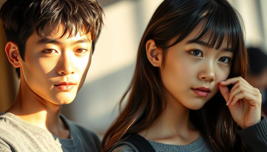 A vividly realistic photograph of two young Japanese individuals, one with a judging personality and the other with a perceiving personality, contrasting their distinct styles of interacting with the world. The judging type stands tall and poised, their gaze direct and decisive, while the perceiving type appears more relaxed and open, their expression thoughtful and their posture fluid. The lighting is warm and natural, highlighting the subjects' delicate facial features and creating a sense of intimacy. The scene is set against a blurred, ethereal background, allowing the viewer to focus on the subtle differences between the two personalities.