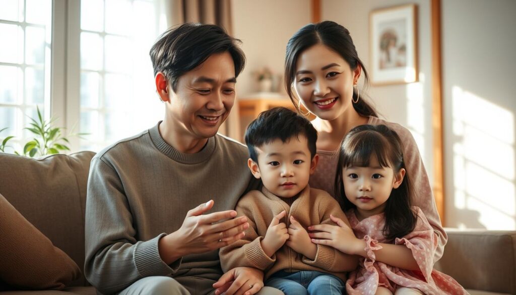 A warm and harmonious family portrait set in a cozy, sun-drenched living room. The father, mother, and two children - a son and daughter - gather together, embodying the interconnected roles and responsibilities within a Japanese household. Subtle gestures and gentle expressions convey a sense of mutual understanding and support. Soft, diffused lighting creates an intimate, inviting atmosphere, highlighting the family's bond. The scene captures the essence of family dynamics and the nurturing environment that fosters personal growth and fulfillment.