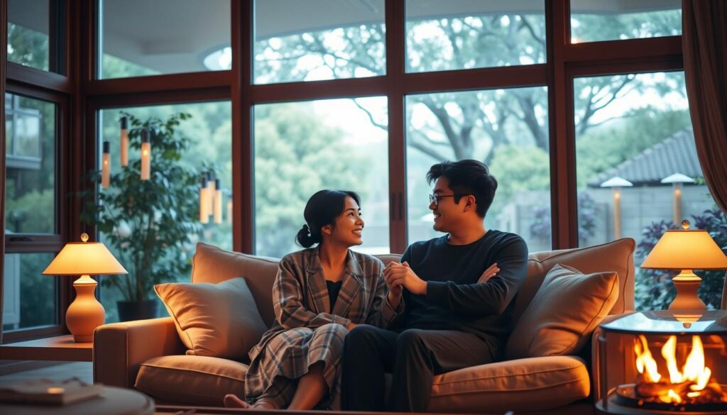 A warm, cozy living room with large windows overlooking a serene garden. Two young Japanese-looking individuals, a man and a woman, sit comfortably on a plush sofa, engaged in deep conversation. Soft lighting from table lamps and a crackling fireplace create a soothing, intimate atmosphere. The couple's body language suggests a close, long-lasting connection, with their hands intertwined and eyes locked. The scene conveys a sense of mutual understanding, trust, and the quiet joy of a mature, nurturing relationship.