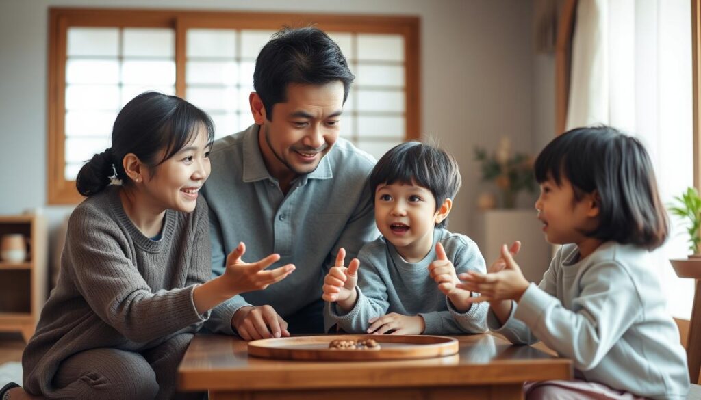 A warm, family-centric scene of a Japanese family of four - a mother, father, and two children - gathered around a low table, engaged in a thoughtful discussion. Soft, natural lighting illuminates their faces, revealing their unique personalities and emotional connections. The parents lean in, listening intently, while the children express their perspectives with animated gestures. An atmosphere of unity and understanding pervades the intimate setting, underscoring the theme of familial compatibility.
