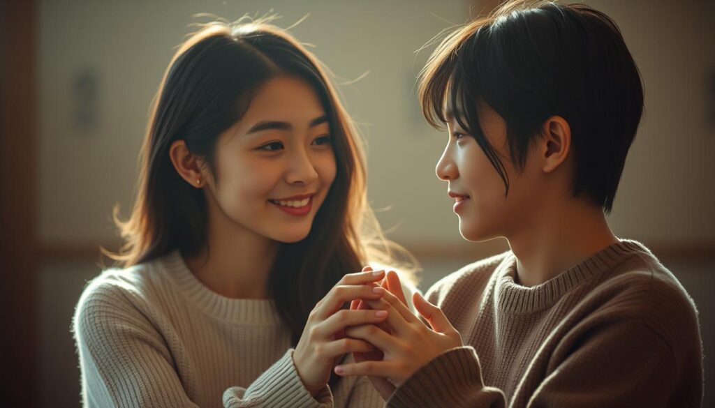 A warm, gentle atmosphere envelops the scene as two young Japanese individuals engage in a heartfelt, empathetic dialogue. Their faces, softly lit, convey a sense of deep understanding and emotional connection. The background is subtly blurred, allowing the viewer to focus on the nuanced interplay of their expressions and body language, which speak volumes about the intimacy and trust shared between them. The composition is balanced, with the subjects positioned in a way that suggests a harmonious, symbiotic relationship. Overall, the image radiates a sense of emotional resonance and the profound bond that can form between two INFPs in a successful, fulfilling romantic partnership.