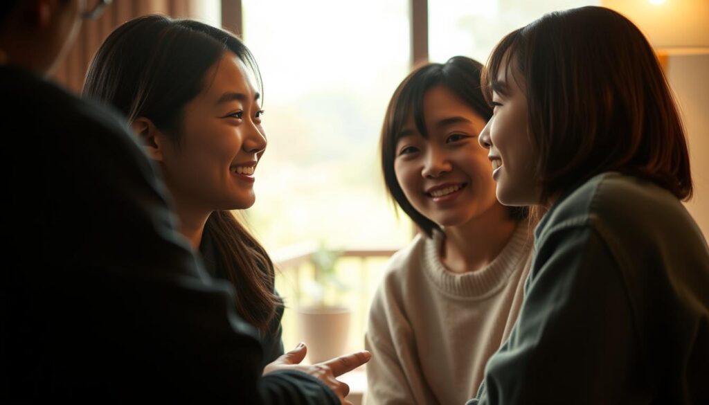 A warm, intimate conversation unfolds between two young Japanese-looking individuals, their faces radiating genuine emotional expression. Soft, diffused lighting bathes the scene, creating a cozy, inviting atmosphere. The subjects are positioned in the foreground, their body language conveying a sense of connection and understanding. The middle ground reveals a natural, serene backdrop, perhaps a tranquil garden or a cozy living space, further enhancing the sense of intimacy and comfort. The overall mood is one of genuine, heartfelt communication, capturing the essence of the "warm and emotional communication" that defines the ESFJ woman's charm.