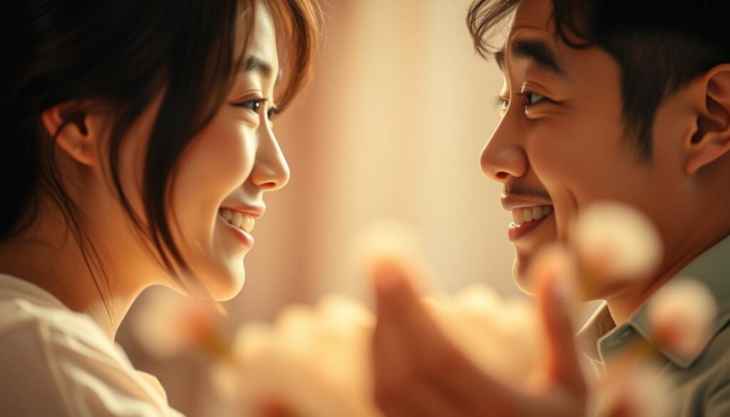 A warm, intimate portrait of a young Japanese couple exchanging heartfelt compliments and surprised expressions. Soft, diffused lighting creates a dreamlike atmosphere, highlighting their delicate features and tender gazes. The foreground captures their genuine connection, with subtle gestures and warm smiles conveying a sense of blissful intimacy. The middle ground blurs softly, drawing the eye to the couple's expressive faces. The background remains slightly out of focus, allowing the viewer to focus on the emotional connection between the two individuals. Overall, a visually striking and emotionally resonant image that evokes the joy and intimacy of sharing sincere words of affection.