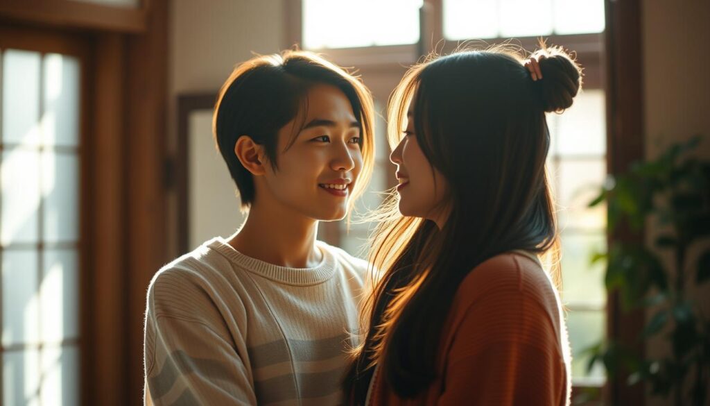 A warm, intimate scene depicting two young Japanese individuals facing each other, their expressions exuding a sense of mutual understanding and trust. Soft natural lighting filters through the background, creating a serene, inviting atmosphere. The figures stand in close proximity, their body language conveying a deep connection and shared values. The image should evoke a feeling of comfort, harmony, and the strong foundation of a meaningful partnership.
