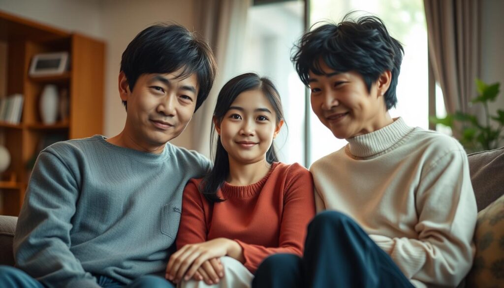 A warm, intimate scene of a close-knit Japanese family. In the cozy living room, a young ISFJ woman sits nestled between her parents, their faces reflecting a deep, familial bond. Soft, natural lighting from a nearby window bathes the room in a gentle glow, complementing the serene expressions and relaxed poses of the figures. The background is slightly blurred, keeping the focus on the central family group and their palpable sense of belonging and comfort within their shared space.