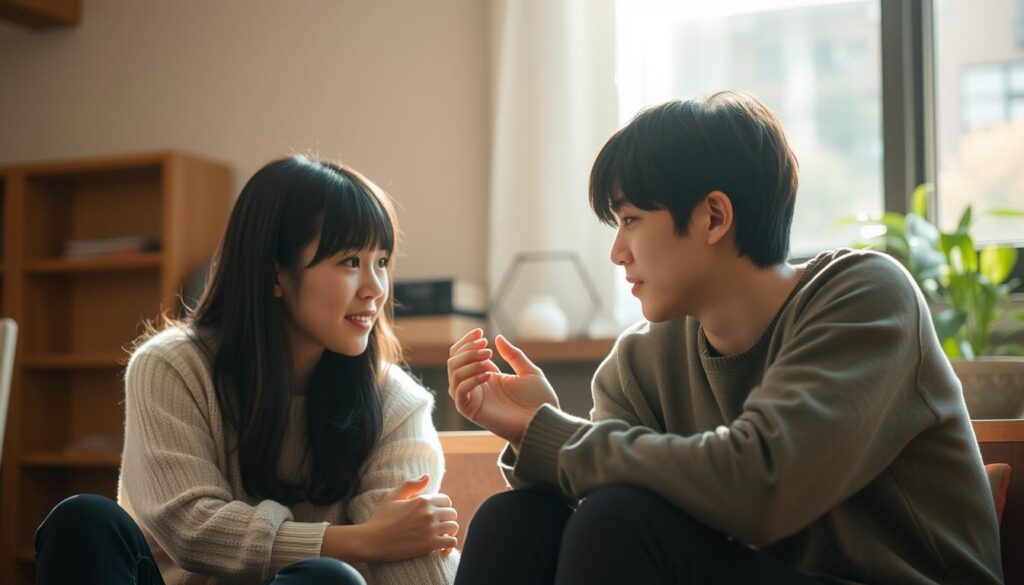 A warm, intimate scene of two young Japanese individuals engaged in deep, thoughtful conversation. The pair sit across from each other, leaning in to listen intently, their body language conveying a sense of trust and openness. Soft, natural lighting bathes the scene, creating a cozy, inviting atmosphere. The background is blurred, allowing the focus to remain on the subjects and their meaningful exchange. Subtle expressions and gestures indicate a sincere, long-lasting connection being forged through genuine communication.