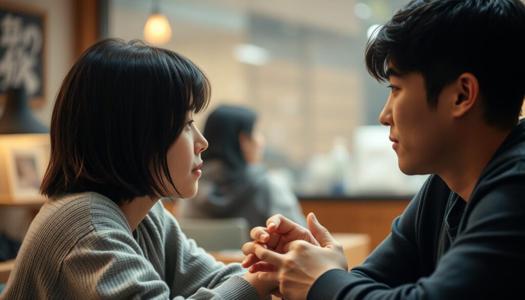 A warm, intimate scene of two young Japanese people engaged in earnest conversation, their faces softly lit and expressions reflecting thoughtful connection. The foreground features the pair leaning in, hands clasped, as they discuss something of importance. The middle ground blurs slightly, evoking a sense of privacy and focus. The background is hazy, suggesting an informal, cozy setting - perhaps a cafe or living room. The lighting is natural, slightly diffused, creating an atmosphere of openness and trust. The composition draws the viewer into the intimate moment, inviting them to feel the depth of the relationship being built through thoughtful communication.