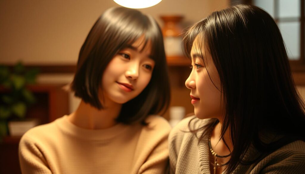 A warm, intimate scene showcasing the deep bond between two young Japanese women. In the foreground, their faces are softly lit, conveying a sense of empathy and understanding as they gaze at each other, their expressions reflecting the emotional connection that defines their friendship. The background is subtly blurred, keeping the focus on the central figures and the intangible yet powerful "友情の共感" they share. The image has a realistic, photographic quality, with natural lighting and a composition that captures the essence of this meaningful relationship.