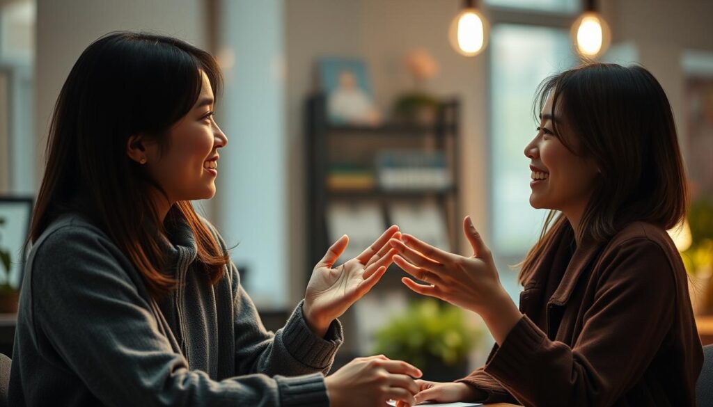 A warm, intimate workplace setting with two ENFP-type individuals deeply engaged in open-hearted conversation. Soft, diffused lighting casts a cozy glow, while the background blurs softly to focus attention on the trusting bond forming between them. Their body language is relaxed yet attentive, making eye contact and gesturing with hands to convey the sincere exchange. The young Japanese-featured models radiate an aura of mutual understanding, their expressions reflecting the care and respect at the heart of building a meaningful professional relationship.