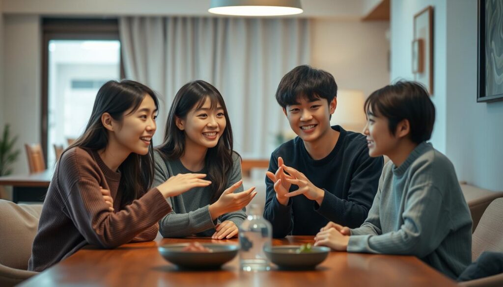A warm, inviting indoor scene featuring a group of young Japanese-looking individuals gathered around a table, engaged in a lively discussion. The lighting is soft and natural, creating a cozy, intimate atmosphere. The models have a calm, friendly expression, reflecting an atmosphere of trust and open communication. The middle ground showcases the group's body language, with gestures and eye contact suggesting a deepening of their relationship. The background is blurred, but hints at a comfortable, domestic setting, adding to the sense of intimacy. The overall composition conveys the essence of "building trust in relationships" through the models' interactions and the scene's tranquil, harmonious tone.