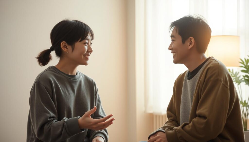 A warm, natural conversation between two young Japanese individuals, their body language conveying open and relaxed communication. Soft, diffused lighting illuminates their friendly expressions and genuine eye contact, creating an atmosphere of genuine understanding and connection. The scene is compositionally balanced, with the subjects positioned in the center, framed by a harmonious background that evokes a tranquil, inviting ambiance. The level of detail should capture the nuances of their interaction, allowing the viewer to visualize the meaningful dialogue unfolding.