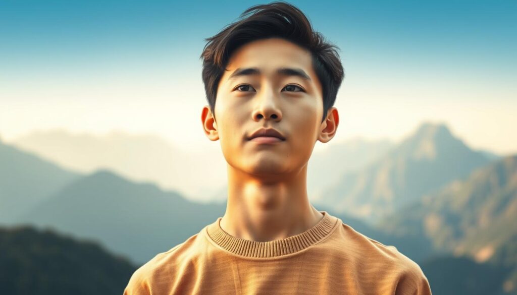 A well-balanced, young Japanese man with a thoughtful, introspective expression stands in the center of the frame, his eyes gazing inward. Around him, the background gradually shifts from a serene, contemplative landscape to an awe-inspiring, rugged mountain vista, symbolizing the harmony between his introverted nature and his adventurous spirit. Soft, warm lighting illuminates his face, creating a tranquil, meditative atmosphere. The resulting image captures the essence of the ISTP male personality, where a reflective inner world coexists with a desire for exploration and discovery.