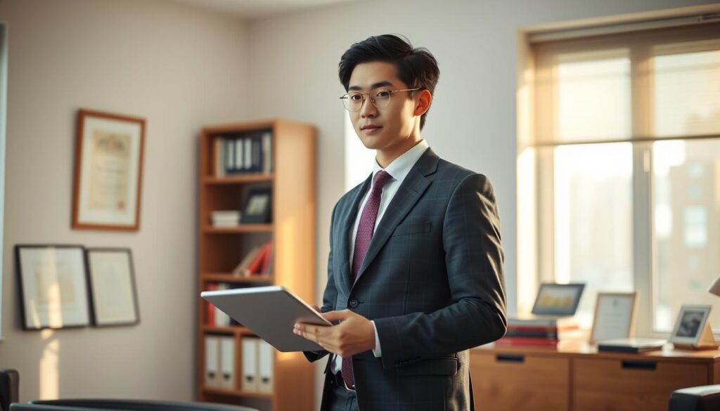 A well-dressed young Japanese man in his 20s, standing confidently in a neatly furnished office. Warm lighting from a large window illuminates his face, highlighting his determined expression. He holds a tablet in one hand, appearing deep in thought as he reviews data or plans. In the background, a bookshelf and framed certificates suggest his professional accomplishments. The scene conveys a sense of success, focus, and the practical wisdom gained from real-world experience.