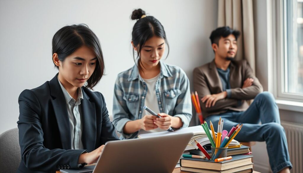 A well-lit, detailed photograph of three young Japanese-looking individuals, each embodying a distinct professional persona that aligns with the ISFP-T personality type. The foreground features a calm, focused individual in a business casual outfit, engrossed in a task on their laptop. In the middle ground, a creative type in casual attire is sketching in a notebook, surrounded by colorful art supplies. The background depicts a thoughtful, introspective individual in a relaxed pose, gazing out a window with a contemplative expression. The scene conveys a sense of balance, harmony, and the diverse range of careers that can suit the ISFP-T temperament.