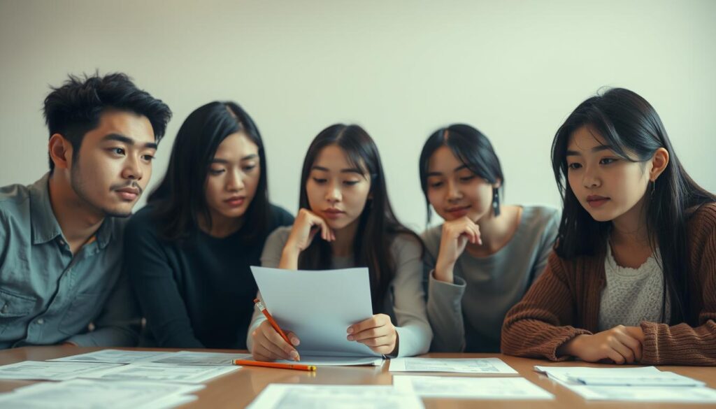 A well-lit, high-resolution photograph of a group of young Japanese-looking people, both men and women, sitting around a table and taking a personality assessment test. The foreground shows several test papers and pencils on the table, while the middle ground features the focused, thoughtful expressions of the participants as they contemplate their answers. The background is softly blurred, creating a sense of intimacy and concentration. The lighting is natural and diffuse, with a warm, inviting tone that enhances the introspective mood. The overall composition conveys the serious yet insightful nature of the personality test experience.