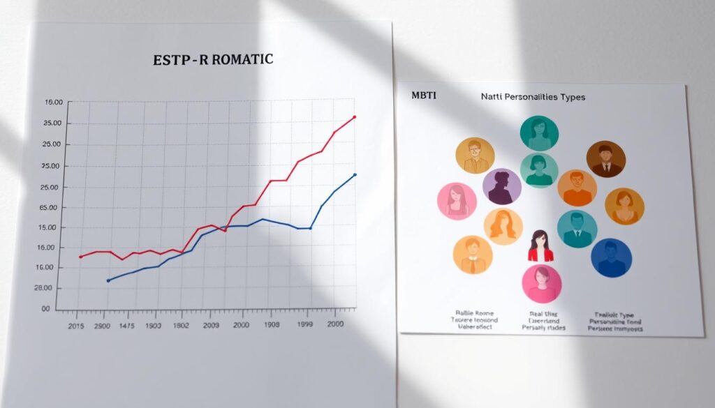 A well-lit, high-resolution photograph showcasing a detailed statistical chart and MBTI personality type diagram. The chart presents a meticulous analysis of ESTP romantic trends, with precisely plotted data points and clearly labeled axes. The MBTI diagram features distinct personality type icons, each with a unique color scheme. The overall composition creates a harmonious balance between the analytical data and the visual personality framework, capturing the essence of the "MBTI diagnosis and statistical data" theme. Soft, natural lighting highlights the subtle textures and crisp details, creating a professional, academic atmosphere.