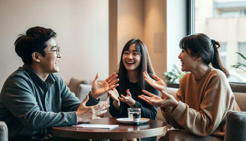 A well-lit indoor scene featuring three young Japanese-looking people, a man and two women, engaged in a lively discussion while sitting around a table. The lighting is warm and inviting, with soft shadows and highlights that accentuate their expressive faces and body language. The setting is a cozy, modern living room or cafe, with minimalist but stylish furnishings in muted tones. The individuals gesticulate animatedly, their faces displaying a range of emotions - joy, contemplation, and understanding - as they share their personal experiences and insights. The overall atmosphere conveys a sense of camaraderie, learning, and personal growth.