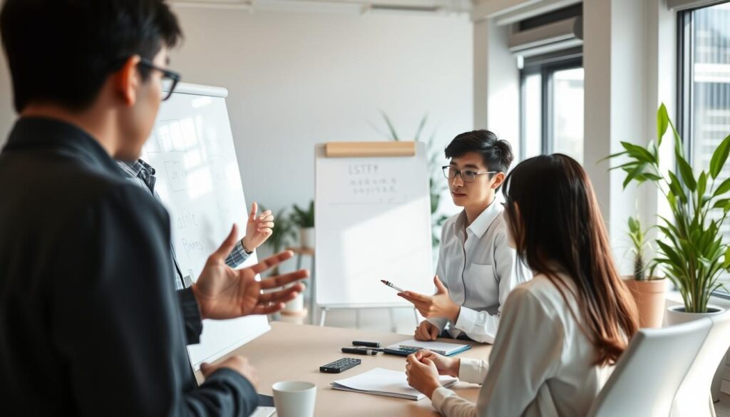 A well-lit office setting, featuring a group of young, Japanese-looking professionals engaged in a collaborative work session. In the foreground, an ESTJ-type individual stands at the whiteboard, gesturing animatedly as they guide the discussion. Opposite them, an ISFP-type colleague sits attentively, taking notes with a pensive expression. The middle ground showcases the team's diverse roles, with each member contributing their unique skills and perspectives to the task at hand. The background subtly suggests a harmonious, productive atmosphere, with natural lighting filtering through large windows and potted plants adding a touch of warmth. The scene captures the dynamic interplay between the ESTJ's assertive leadership and the ISFP's perceptive, artistic sensibilities, illustrating their complementary strengths in the workplace.