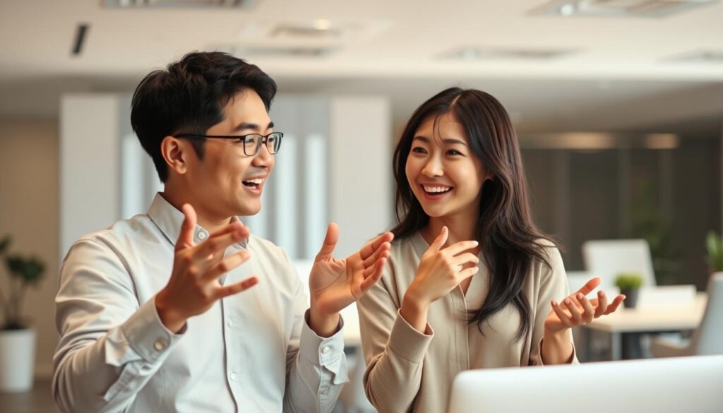 A well-lit office setting, showcasing the harmonious dynamic between two Japanese colleagues. In the foreground, a young man and woman engage in an animated discussion, gesturing expressively. Their body language and facial expressions convey a sense of mutual understanding and synergy. The middle ground features a minimalist, modern workspace with clean lines and neutral tones, creating a calming atmosphere. In the background, the office is bathed in soft, diffused lighting, further accentuating the positive and collaborative atmosphere. The overall scene captures the essence of a productive and compatible workplace relationship between the two individuals. A well-lit office setting, showcasing the harmonious dynamic between two Japanese colleagues. In the foreground, a young man and woman engage in an animated discussion, gesturing expressively. Their body language and facial expressions convey a sense of mutual understanding and synergy. The middle ground features a minimalist, modern workspace with clean lines and neutral tones, creating a calming atmosphere. In the background, the office is bathed in soft, diffused lighting, further accentuating the positive and collaborative atmosphere. The overall scene captures the essence of a productive and compatible workplace relationship between the two individuals.