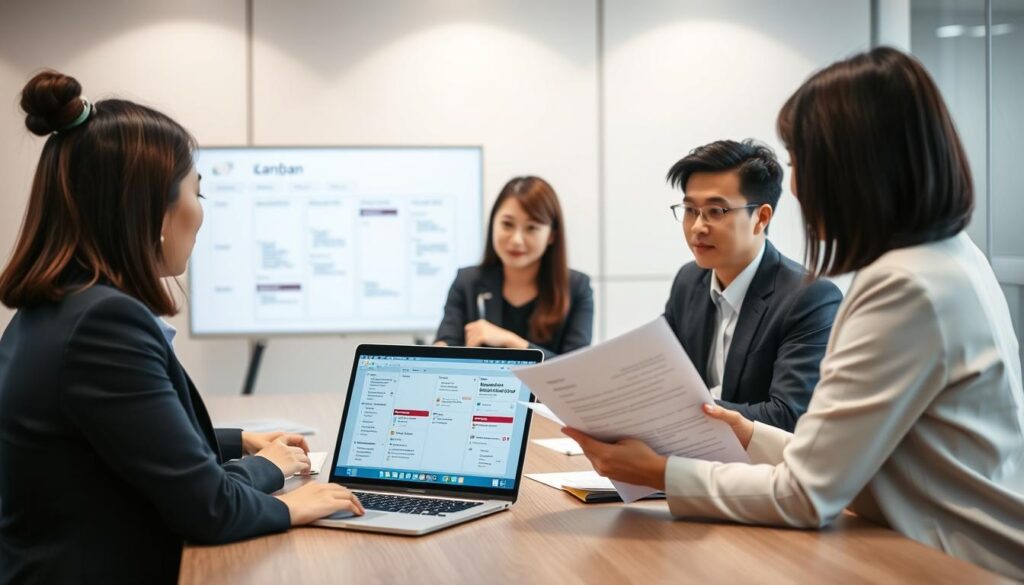 A well-lit office setting, with a group of young Japanese-looking professionals gathered around a conference table. In the foreground, a woman in a smart business attire is explaining a set of documents, gesturing towards a laptop screen displaying a Kanban-style task management board. In the middle ground, her colleagues are actively engaged, taking notes and discussing the various projects and deadlines displayed. The background is softly blurred, conveying a sense of focus and productivity. The overall mood is one of collaborative efficiency, with the lighting and composition emphasizing the importance of clear business rules and task management for workplace success.