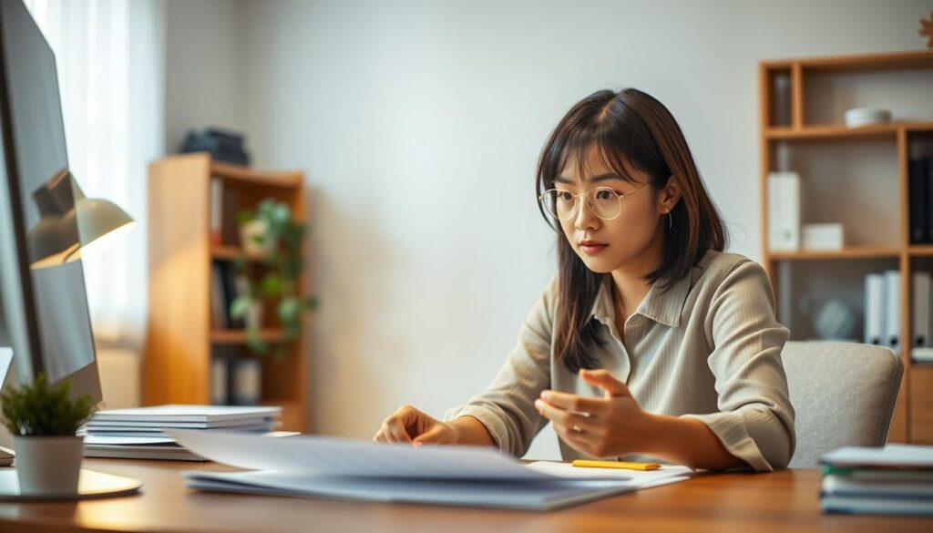 A well-organized office space with a young, focused Japanese-looking woman sitting at a desk, contemplating a realistic plan laid out before her. Soft, warm lighting illuminates the scene, creating a sense of calm productivity. The woman's expression conveys a thoughtful, determined demeanor, as she carefully considers her next steps. In the background, a bookshelf and plant add a touch of natural elements, reflecting her grounded, practical approach. The overall atmosphere exudes a sense of trust and confidence in the planning process.