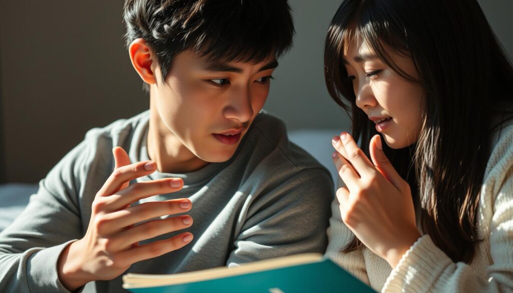 A young Japanese couple deeply engaged in intellectual discourse, their eyes alight with curiosity and wonder. They sit facing each other, leaning in closely, hands gesturing animatedly as they share ideas and explore new concepts together. Soft, natural lighting illuminates their faces, casting gentle shadows that accentuate their features. The background is blurred, keeping the focus on their captivating exchange of knowledge and the palpable sense of connection between them. A young Japanese couple deeply engaged in intellectual discourse, their eyes alight with curiosity and wonder. They sit facing each other, leaning in closely, hands gesturing animatedly as they share ideas and explore new concepts together. Soft, natural lighting illuminates their faces, casting gentle shadows that accentuate their features. The background is blurred, keeping the focus on their captivating exchange of knowledge and the palpable sense of connection between them.