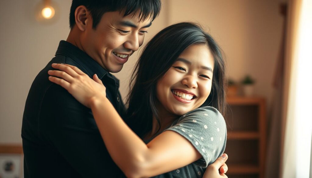 A young Japanese couple embracing passionately, their bodies intertwined in a vibrant display of affection. Warm, natural lighting captures the intimacy of the scene, while a soft, blurred background suggests a private, romantic setting. The man's intense gaze and the woman's playful smile convey a sense of mutual understanding and deep connection. The image exudes a palpable energy, reflecting the active, enthusiastic approach to love that is characteristic of the ESFP personality type.