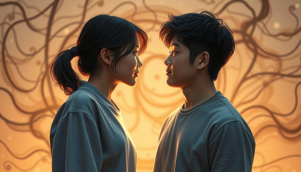 A young Japanese couple navigating the challenges and growth of their romantic relationship. In the foreground, the pair stand close, their eyes locked in an intimate gaze as they embark on this journey together. The middle ground features a backdrop of abstract, swirling shapes and lines, representing the complex emotions and obstacles they must overcome. Soft, warm lighting illuminates the scene, creating a sense of tenderness and vulnerability. The overall atmosphere evokes a sense of deep connection, perseverance, and the transformative power of love. Realistic photographic style with a focus on the protagonists' expressive faces and body language.