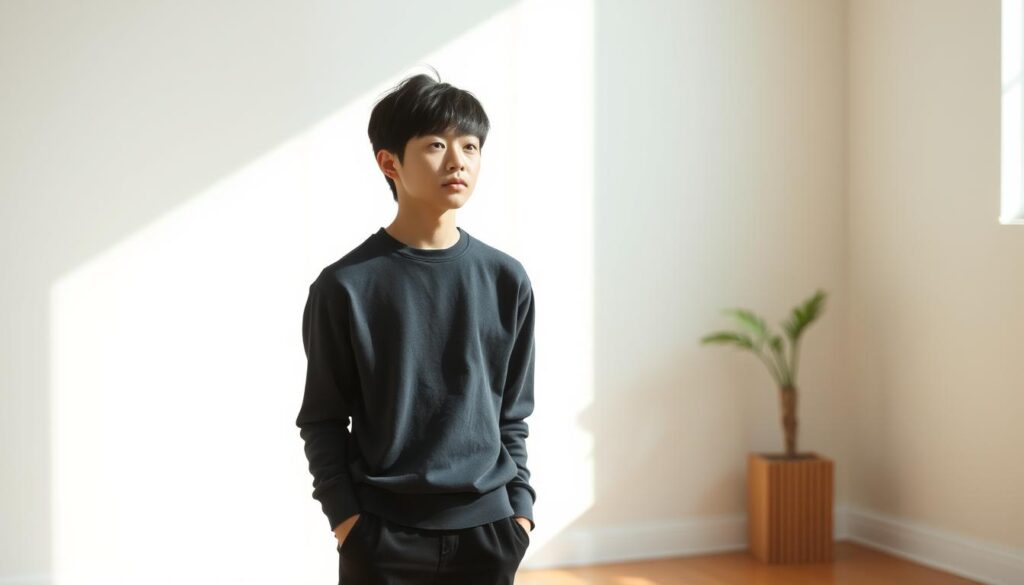 A young Japanese individual stands in a serene, minimalist setting, their gaze turned inward as they ponder their sense of self-worth. Soft, natural lighting bathes the scene, accentuating the contemplative mood. The figure's expression is one of deep introspection, as they seek to reaffirm their personal values and identity. The background is a tranquil, understated space, allowing the subject's inner journey to take center stage. The image conveys a sense of personal growth and the importance of self-reflection, capturing the essence of the article's focus on ENTJs' path to success through understanding their own emotional and psychological functions.