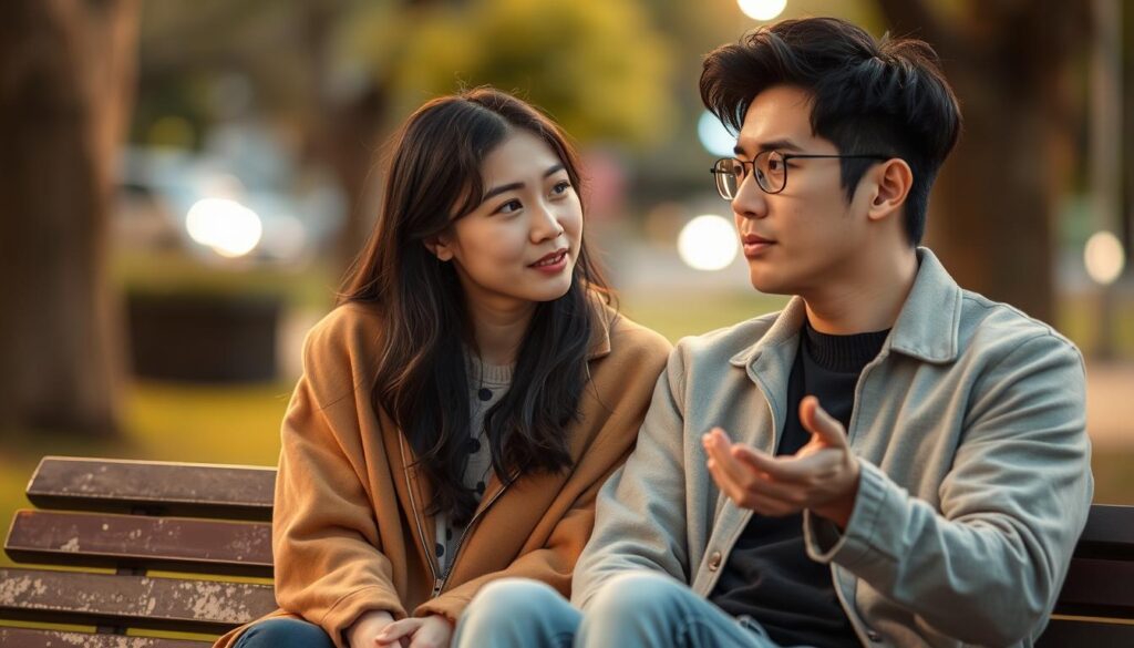 A young Japanese-looking couple, a man and a woman, sitting on a park bench. The woman is leaning in towards the man, her expression attentive and concerned, suggesting she is inquiring about his well-being. The man has a thoughtful, slightly worried look, as if describing a situation. The scene is bathed in warm, soft lighting, creating a cozy, intimate atmosphere. The background is blurred, placing the focus on the couple's interaction and body language, which convey a sense of mutual care and consideration.