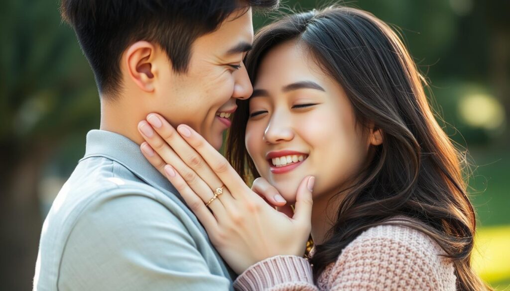 A young Japanese-looking couple deeply embracing, their expressions filled with tenderness and warmth. The man gently caresses the woman's face, his touch conveying a profound emotional connection. Soft natural lighting casts a romantic glow, creating a sense of intimacy. The background is subtly blurred, placing the focus entirely on their intimate moment. The image captures the essence of the ISTP man's affectionate nature, expressed through his thoughtful and intentional physical gestures.