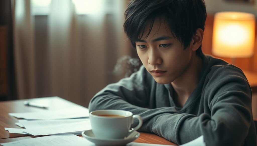A young Japanese-looking individual with a pensive expression, their eyes narrowed in deep contemplation. The figure is seated at a table, surrounded by scattered papers and a steaming cup of tea, suggesting a contemplative, introspective mood. The lighting is soft and diffused, creating a warm, intimate atmosphere. The background is blurred, placing the focus on the subject's introspective state and their examination of interpersonal relationships. The scene conveys a sense of thoughtful self-reflection and the interplay between one's inner world and outer social connections.