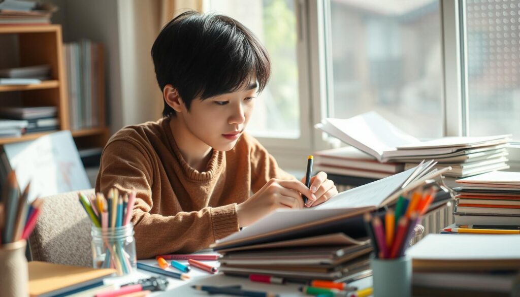 A young Japanese-looking individual, with dark hair, engrossed in a creative task. They sit at a desk, surrounded by an array of colorful stationery, sketchbooks, and various craft materials. Natural light filters in through a window, casting a soft, warm glow on the scene. The person's expression is one of intense focus and determination, as they explore novel ways to approach their work. The overall mood is one of quiet, contemplative productivity, where the individual's unique problem-solving skills and innovative mindset are on full display.