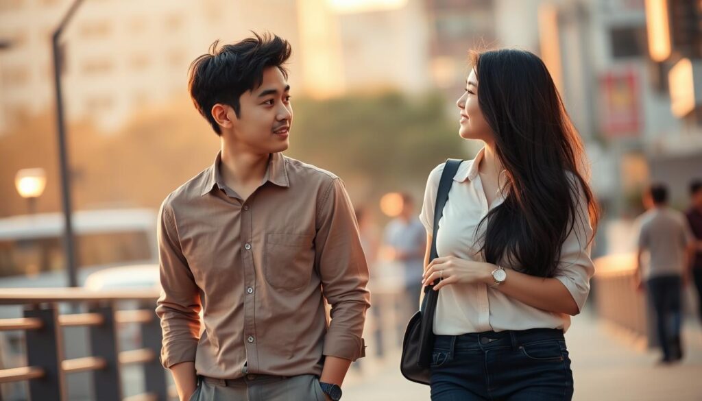 A young Japanese-looking man in his 20s walks down the street on a date, casually dressed in a button-up shirt and slacks. He has a relaxed, confident demeanor, gazing softly at his companion, a similarly youthful woman with long dark hair. The scene is bathed in warm, golden-hour lighting, creating a romantic, intimate atmosphere. They stroll side by side, absorbed in their conversation, oblivious to the world around them. The background is a blurred urban landscape, hinting at the cosmopolitan setting of their date.