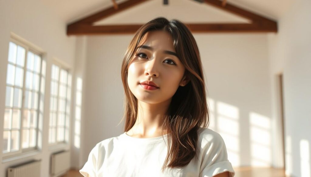 A young Japanese-looking woman standing in a minimalist, airy room, her gaze steady and self-assured. Sunlight filters through large windows, casting a warm, natural glow on her face. Her expression reflects an independent and liberated spirit, conveying a sense of confidence in her own identity and desires within the realm of romantic relationships. The scene captures a serene, thoughtful atmosphere, inviting the viewer to contemplate the nuances of an INFP woman's approach to love and personal fulfillment.