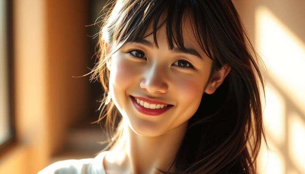 A young Japanese-looking woman with confident and radiant energy, her dark hair framing a glowing face. She stands in a warm, natural-lit setting, eyes shining with a sense of optimism and self-assurance. Her posture is upright, shoulders back, exuding an aura of positivity and ambition. The image captures her inner drive and high self-esteem, reflecting the "high self-affirmation and drive for improvement" described in the article section.