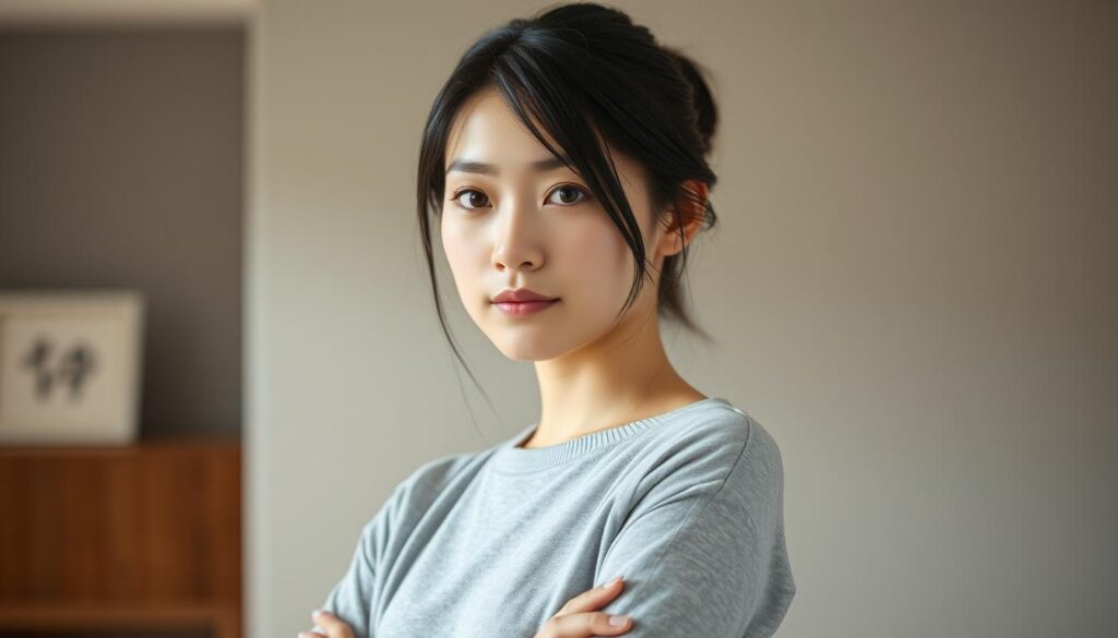 A young Japanese-looking woman with dark hair stands confidently, her posture conveying a sense of problem-solving ability and flexibility. She faces the viewer, her expression calm and focused, suggesting a adaptable and resourceful mindset. The lighting is soft and natural, accentuating her features and creating a warm, inviting atmosphere. The background is subtly blurred, allowing the subject to be the central focus. The overall composition and mood reflect the strengths of an ISTP woman in her approach to romantic relationships.