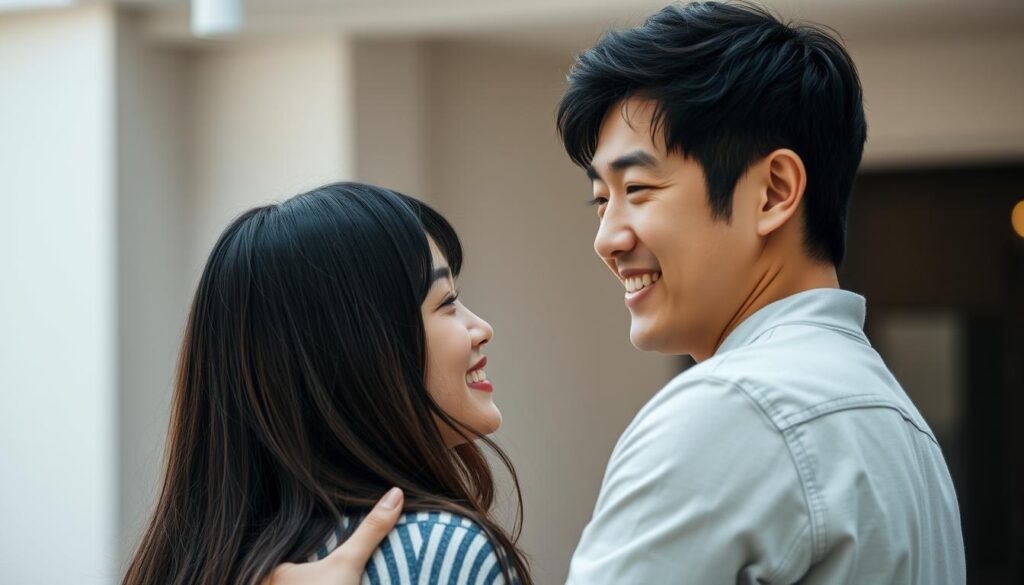 A young Japanese man with a determined expression approaches a woman with a warm, inviting smile. They stand close, with subtle body language suggesting an intimate moment. Soft, natural lighting illuminates their features, creating a sense of intimacy and connection. The background is slightly blurred, placing the focus on the two figures and their interaction. Their clothing is casual yet stylish, reflecting a casual yet confident demeanor. The overall atmosphere conveys a sense of positive, proactive pursuit of a romantic connection.