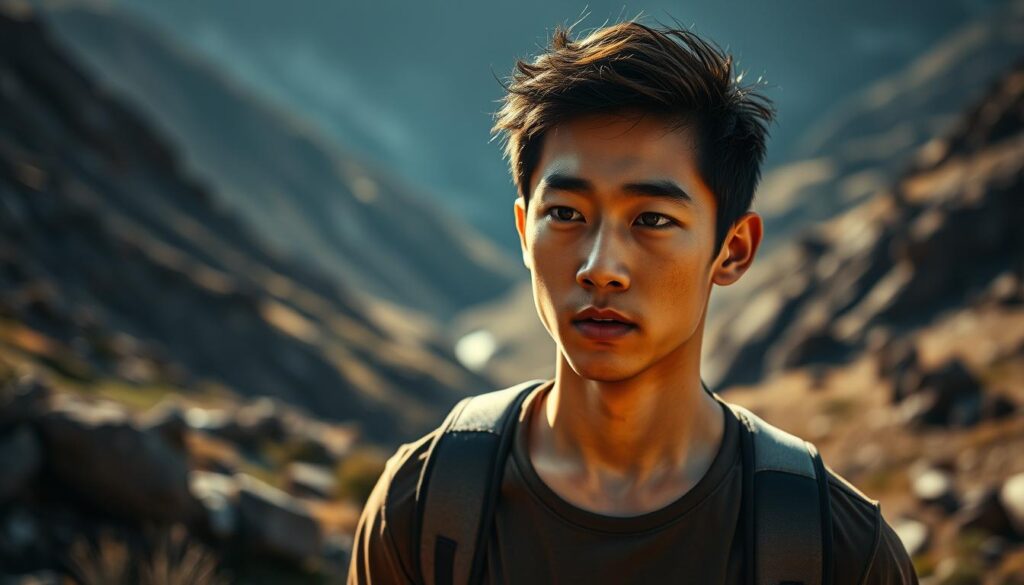 A young Japanese man with a determined expression, gazing intensely as he stands amidst a dynamic, richly-textured landscape. Dramatic lighting casts dramatic shadows, highlighting his focused yet adventurous spirit. The scene conveys a sense of anticipation and readiness to embrace a new challenge, reflecting the spirit of an ESTP personality. A wide-angle lens captures the figure in the foreground, with a slightly elevated camera angle to emphasize his confident, forward-leaning pose. The background features a dramatic, sweeping vista of rugged terrain, hinting at the thrill of exploration and the unknown.