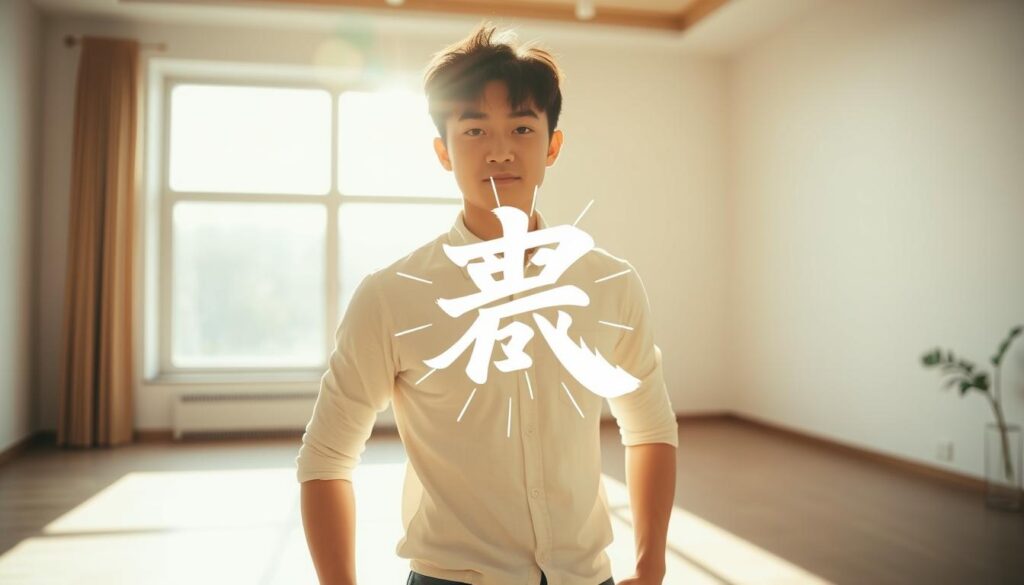A young Japanese man with a determined expression stands in a well-lit room, his body language radiating confidence and initiative. Sunlight streams in through a large window, casting warm shadows across his face. In the middle ground, an abstract representation of willpower and determination takes shape, its dynamic lines and shapes conveying a sense of inner drive and self-motivation. The background features a minimalist, clean design, allowing the central figure and the concept of "自発的な行動の重要性" to take center stage. The overall scene exudes a sense of focus, empowerment, and the transformative power of proactive behavior.