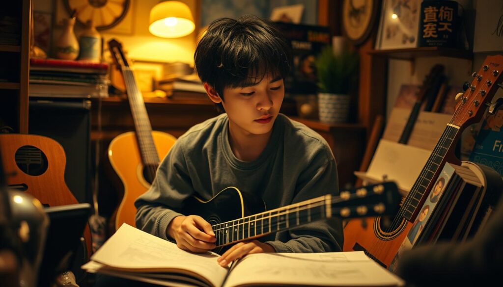 A young Japanese person deeply absorbed in the captivating intersection of music and art. They sit in a cozy, dimly lit room, surrounded by an array of musical instruments, sketchbooks, and eclectic decor. Warm lighting casts a soft glow, highlighting the focused expression on their face as they lose themselves in the creative moment. The scene evokes a sense of tranquility and pure devotion to their artistic passions. A sense of serenity and flow pervades the image, captured through a cinematic, high-quality lens.