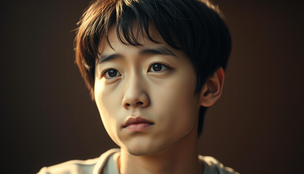 A young Japanese person, their face expressive with contemplation, captured in a realistic portrait. The lighting is soft and warm, creating a pensive atmosphere. The subject's gaze is inward, reflecting on the challenges of perfectionism and delayed decision-making. The background is subtly blurred, allowing the viewer to focus on the subject's introspective state. The overall composition conveys a sense of quiet introspection, highlighting the complexities of self-understanding and interpersonal relationships.