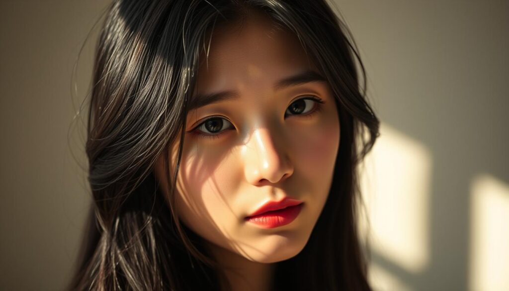 A young Japanese woman, her dark hair framing a serene, yet passionate expression. She embodies the coexistence of calm poise and intense emotion, her gaze conveying a depth of feeling. Warm, soft lighting caresses her features, casting gentle shadows that highlight her natural beauty. The scene is minimalist, with a simple background that allows the subject to take center stage, her figure capturing the essence of an ISTP woman's allure and unique characteristics.