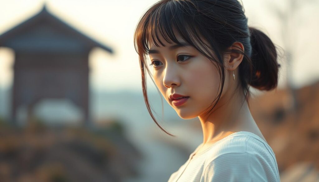 A young Japanese woman looking inwardly, focused on her personal growth, with subtle hints of romance intertwined. Soft lighting illuminates her pensive expression, as she stands amidst a minimalist, natural setting - a symbolic representation of her journey of self-discovery and its relationship to her love life. The composition conveys a sense of introspection, balance, and the interconnectedness of these fundamental aspects of her life. Captured through a medium-wide angle lens, the image aims to evoke a contemplative, relatable mood.