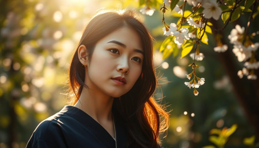 A young Japanese woman stands in a serene garden, lost in deep contemplation. Her thoughtful gaze reflects the inner journey of self-analysis and personal growth. Warm sunlight filters through the lush foliage, casting a soft, introspective glow on her features. Delicate cherry blossoms drift down around her, symbolizing the beauty and transience of life. The scene evokes a sense of quiet introspection, as she explores her own identity and strives to understand herself more fully. The image conveys a mood of self-discovery, personal transformation, and a profound connection to the natural world.
