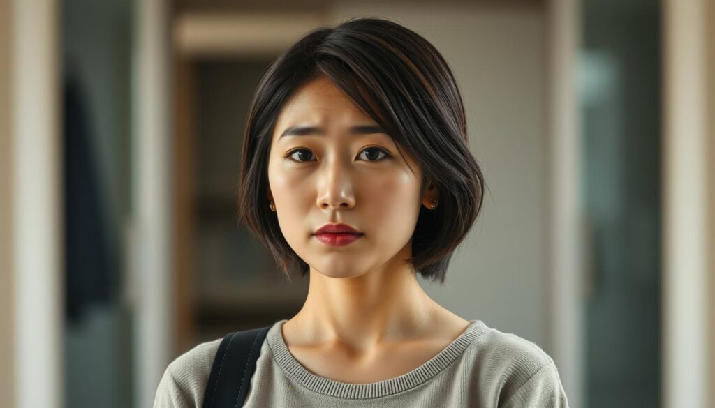 A young Japanese woman stands in the foreground, her expression a mix of hope and disappointment. Behind her, an idealized version of herself, radiating confidence and happiness, is juxtaposed against the reality of her current situation. The lighting is soft and natural, creating a pensive, introspective mood. The background is blurred, emphasizing the central figure and the gap between her aspirations and her lived experience. The scene conveys the struggle to reconcile one's inner vision with the challenges of the real world.