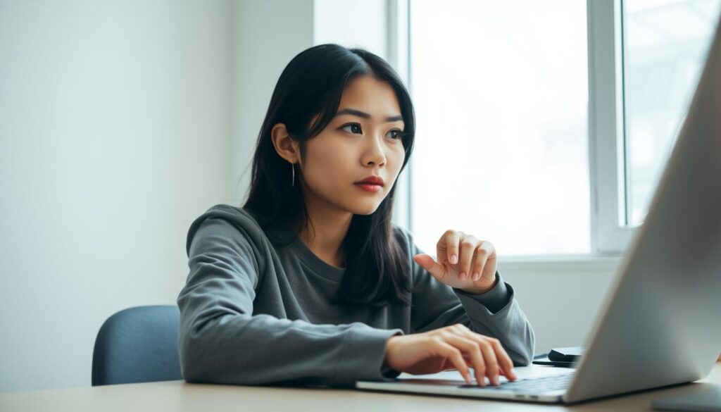 A young Japanese woman with a thoughtful expression sits at a desk, her fingers tapping the surface as she contemplates a creative solution. Soft, diffused lighting from a nearby window illuminates her features, casting a pensive mood. Her dark hair frames her face, and she wears a casual, comfortable outfit suited for a productive workday. The background is clean and minimalist, allowing the focus to remain on her contemplative pose and the spark of inspiration in her eyes as she explores innovative ideas.