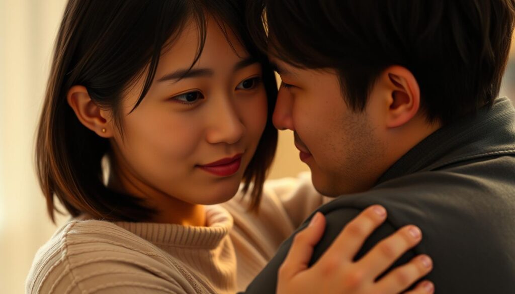 A young Japanese woman with a thoughtful, introspective expression gazes tenderly at her partner, who embraces her warmly. Their affection is palpable, conveyed through their gentle body language and the soft, warm lighting that envelops them. The scene has a sense of intimacy and emotional depth, capturing the unique and understated way an ISTP woman might express her love through actions rather than words.